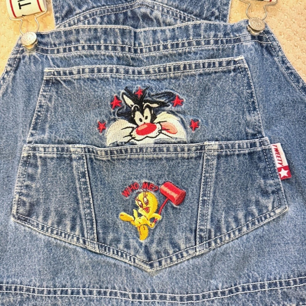 Vintage Looney Tunes Overalls 90s Womens 22/24 Sylvester Tweety Denim Bib Adult - Picture 11 of 16